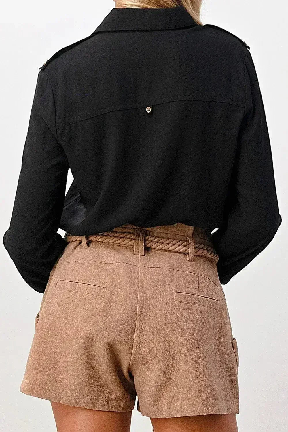 Long Sleeve Button-Down Blouse with Gold Button Accents - Femstylo