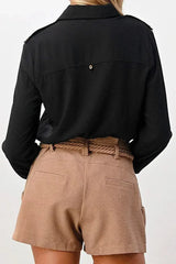 Long Sleeve Button-Down Blouse with Gold Button Accents - Femstylo