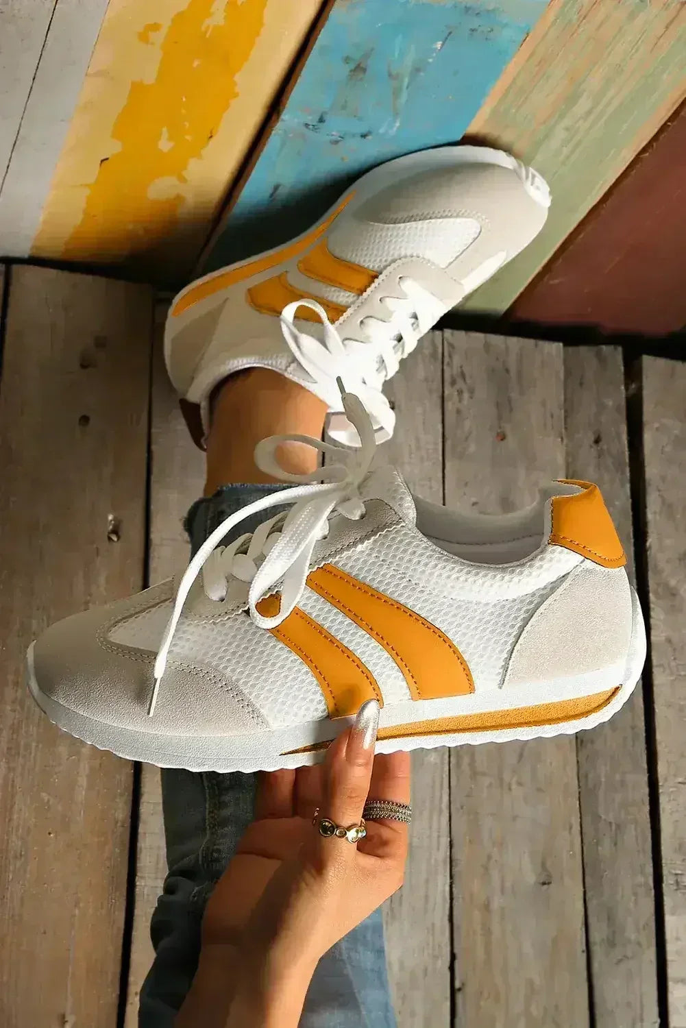Yellow Patchwork Breathable Lace Up Sneakers - Femstylo