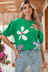 Bright Green 60s Floral Bubble Short Sleeve Knitted Top - Femstylo