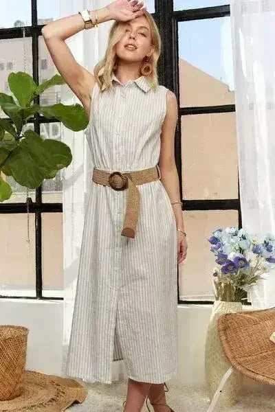 ADORA Striped Button Down Sleeveless Midi Dress - Femstylo