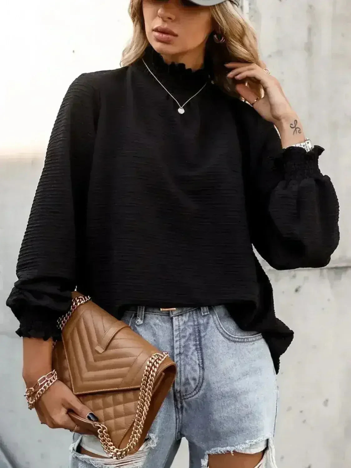 Smocked Frill Mock Neck Long Sleeve Blouse - Femstylo