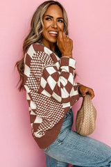 Brown Checkered Print Drop Shoulder Round Neck Sweater - Femstylo