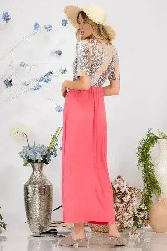 Celeste Full Size Leopard Round Neck Short Sleeve Maxi Dress Plus Size - Femstylo