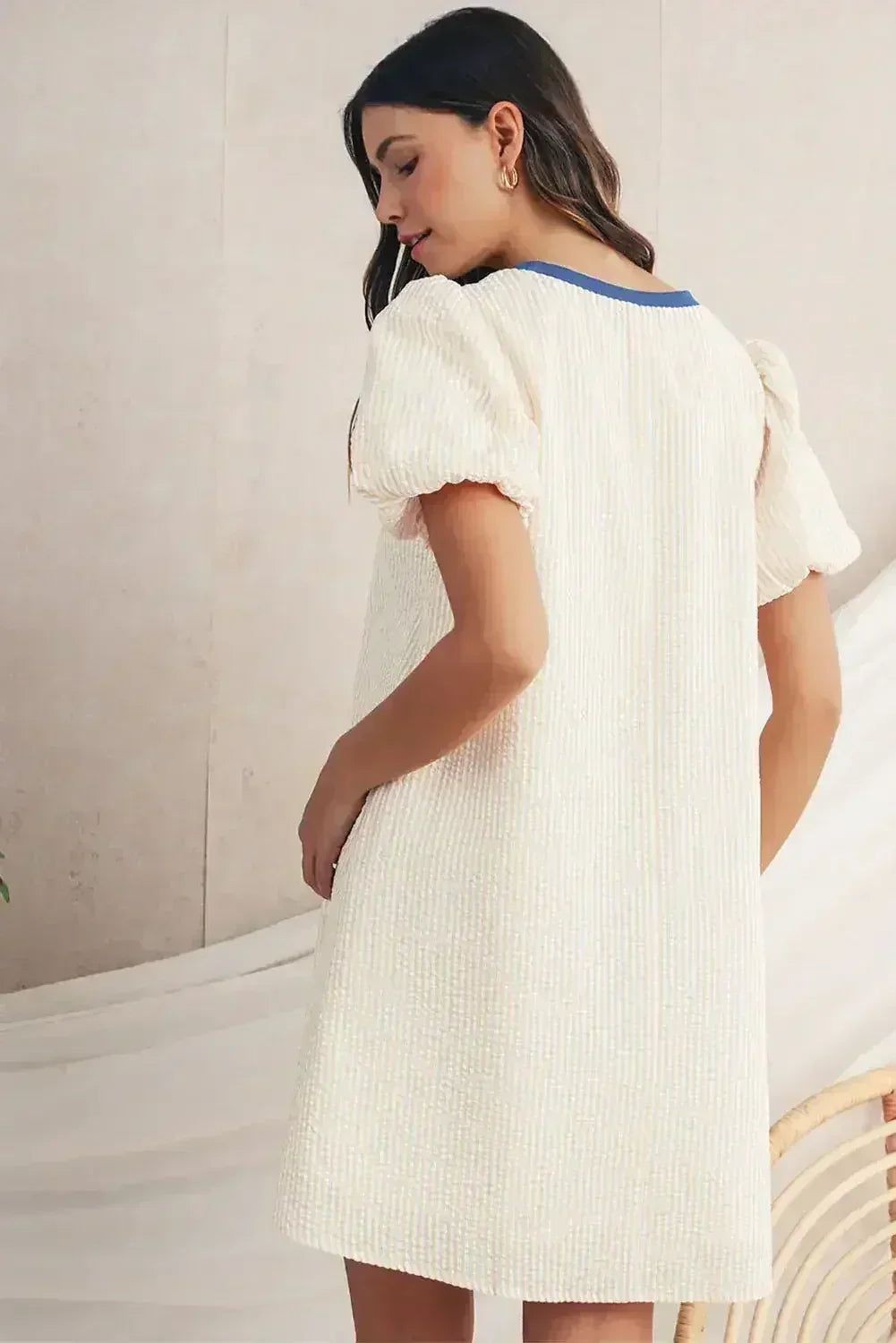 Beige Striped Print Puff Sleeve Textured Mini Dress - Femstylo