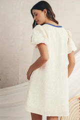 Beige Striped Print Puff Sleeve Textured Mini Dress - Femstylo