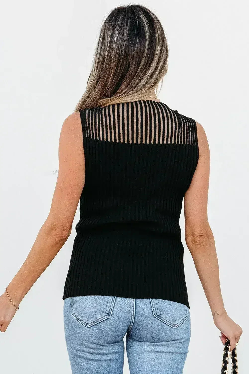 Black Mesh Cutout Knit Vest - Edgy Ribbed Design | Femstylo - Femstylo
