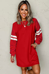 Fiery Red Preppy Striped Sleeve Loose Mini Dress