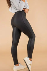 Black Piping Trim Sleek Leather High Waist Leggings - Femstylo