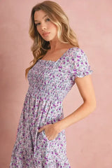 Purple Floral Short Bubble Sleeve Smocked High Waist Maxi Dress - Femstylo