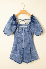 Blue Frill Square Neck Puff Sleeve Backless Denim Dress - Femstylo