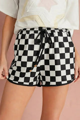 Black Checkered Drawstring Elastic Waist Casual Shorts - Femstylo