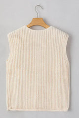 White Solid Textured Knit Side Pockets Buttoned Sweater Vest - Femstylo