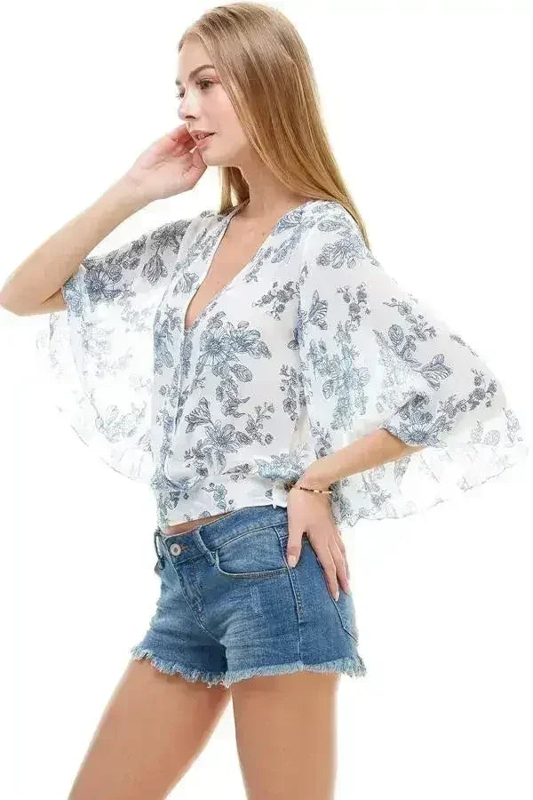 LONG SLEEVE SURPLICE FLORAL TOP | FEMSTYLO - Femstylo