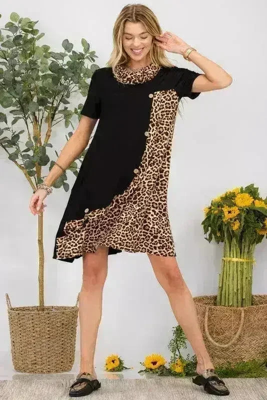 Celeste Full Size Decor Button Leopard Short Sleeve Dress Plus Size - Femstylo
