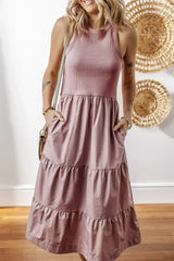 Sepia Rose Ribbed Vest Patchwork Tiered Midi Dress - Femstylo