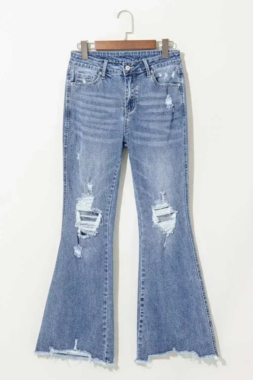 Dusk Blue High Rise Ripped Distressed Hem Flared Jeans - Femstylo
