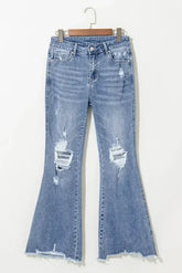 Dusk Blue High Rise Ripped Distressed Hem Flared Jeans - Femstylo