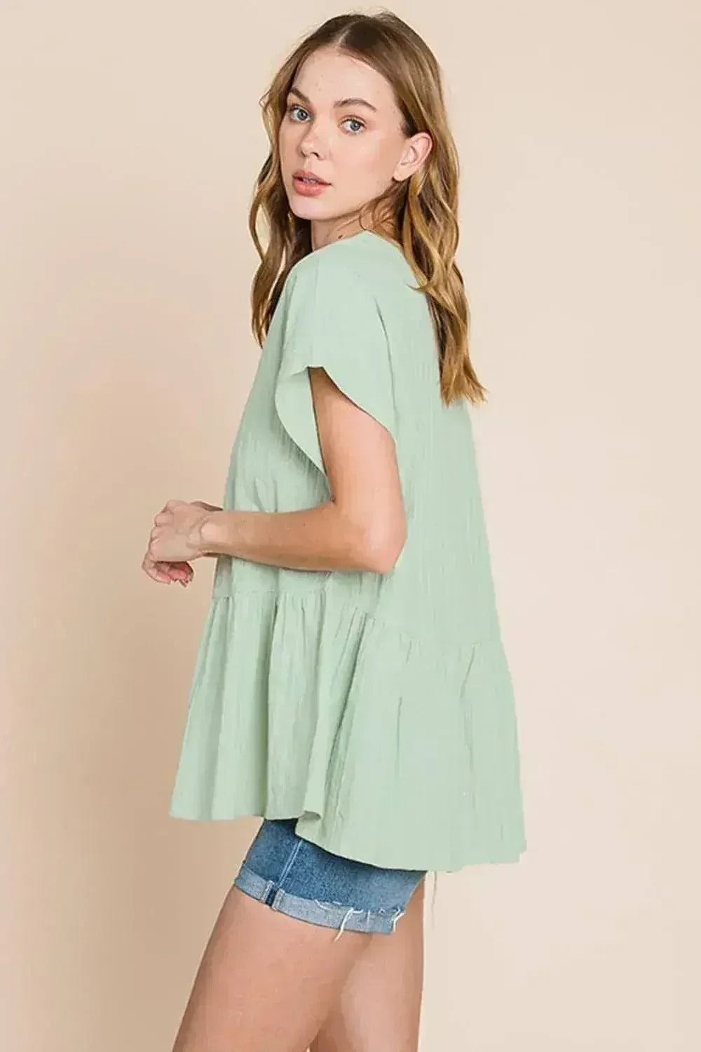 Ruched Notched Sleeve Blouse - Cotton Women's Top | Femstylo - Femstylo