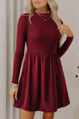 Red Dahlia Frilled Neck Ribbed Knit Patchwork Long Sleeve Mini Dress