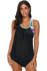 Black Splicing Scoop Neck 2 Piece Tankini Swimsuit - Femstylo