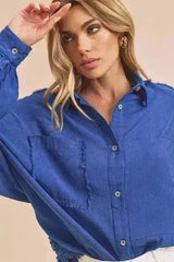 Aemi + Co Raw Edge Exposed Seam Collared Neck Long Sleeve Shirt - Femstylo