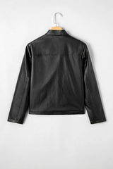 Black Faux Leather Boxy Jacket | PU Button Front Coat - Femstylo