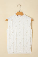 White Pearl High Neck Textured Knit Sweater Vest