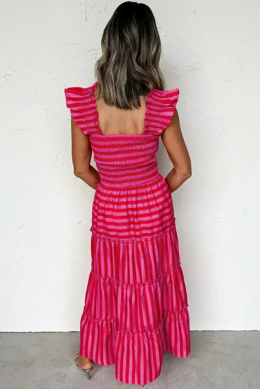 Rose Stripe Ruffle Strap Shirred Bodice Tiered Maxi Dress - Femstylo