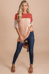 Black Color Block Ribbed Side Slits Half Sleeve Top - Femstylo