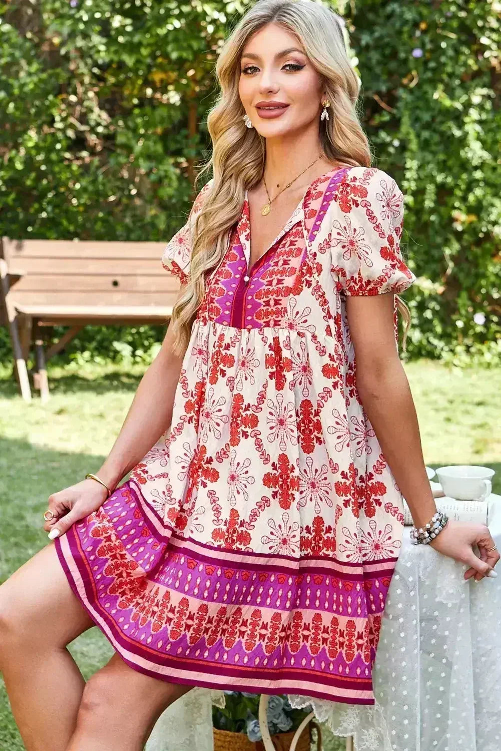 Rose Boho Floral Short Sleeve Tie V Neck Mini Dress - Femstylo