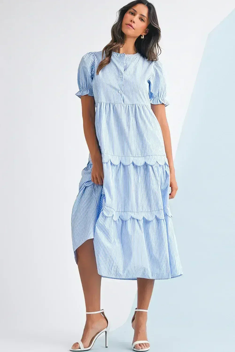 Sky Blue Stripe Bubble Sleeve Scallop Tiered Dress - Femstylo