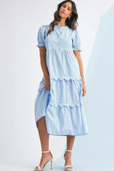 Sky Blue Stripe Bubble Sleeve Scallop Tiered Dress - Femstylo
