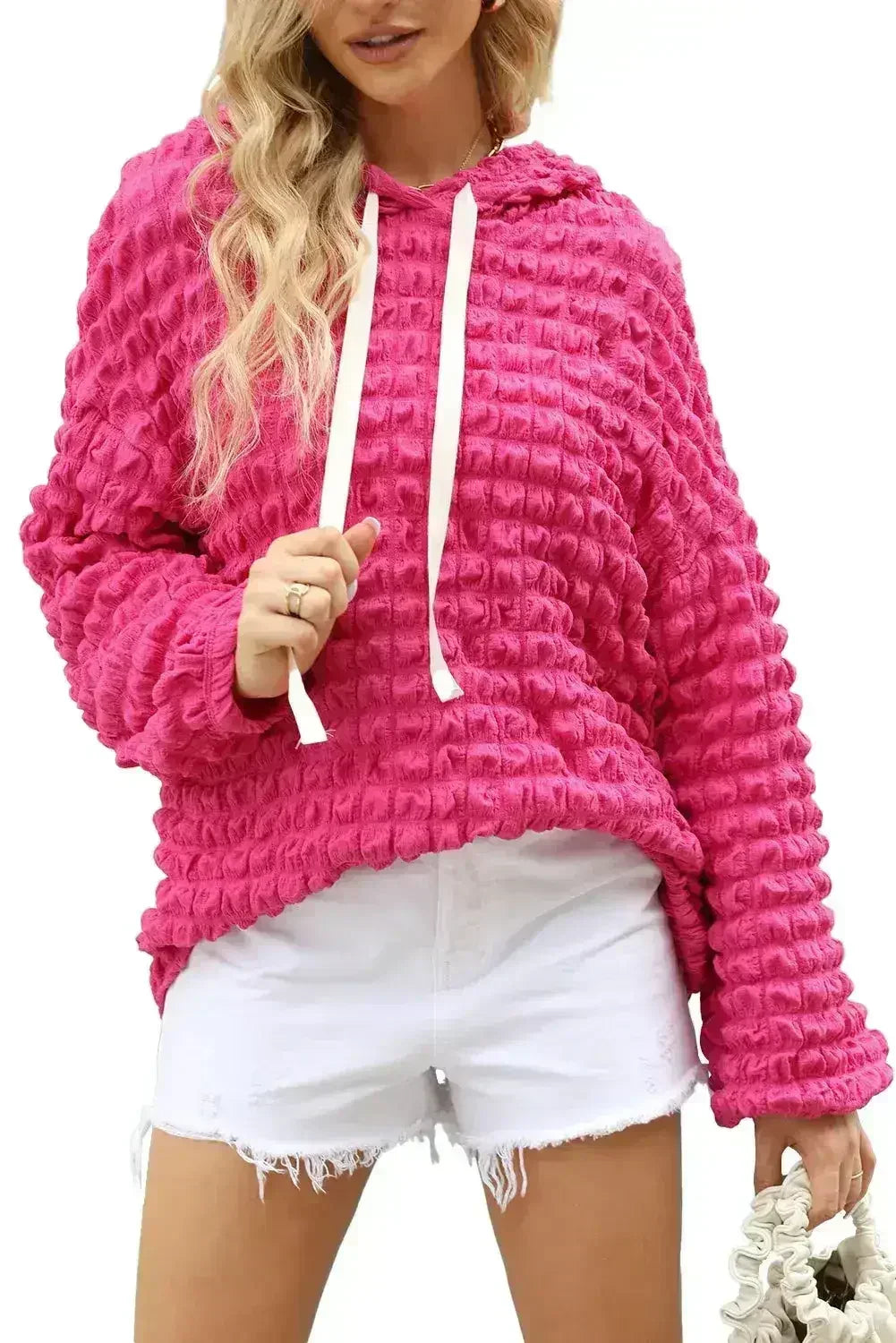 Rose Bubble Textured Waffle Hoodie - Femstylo