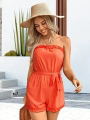 Frill Trim Belted Strapless Romper - Femstylo