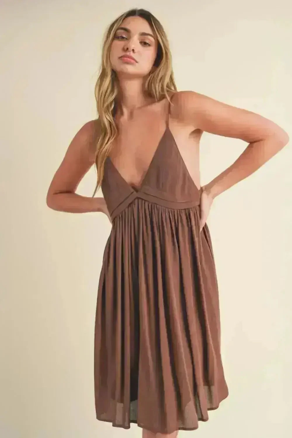 Aemi + Co Ruched Plunge Mini Cami Dress - Femstylo