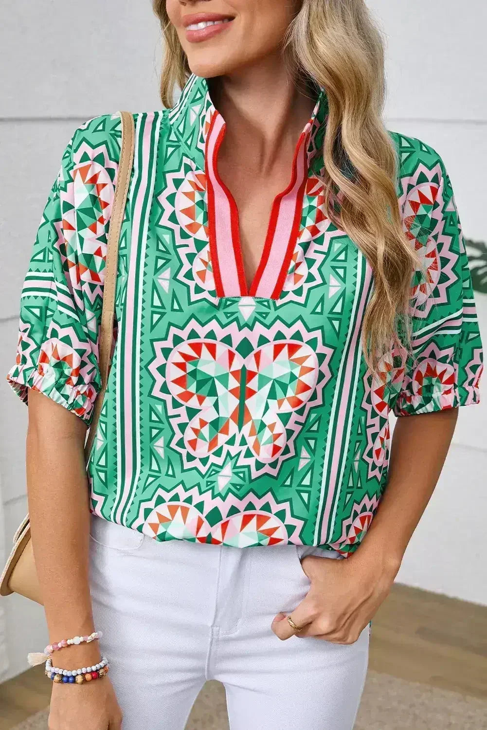 Sea Green Boho Geometric Print Color Neckline Blouse | Femstylo - Femstylo