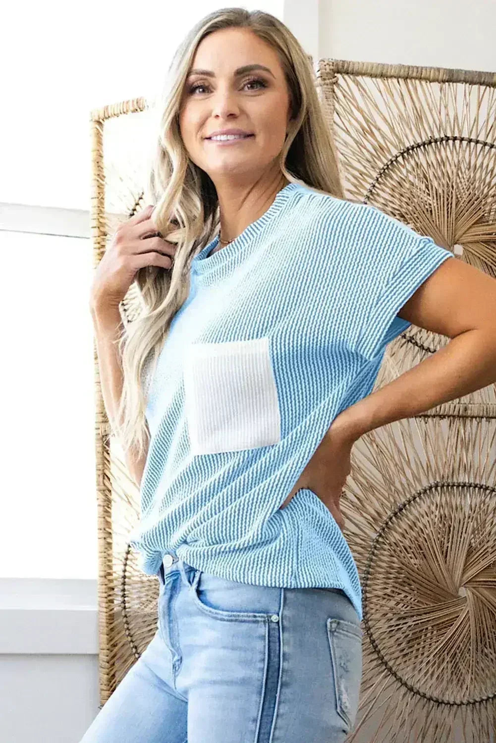 Pink Corded Colorblock Pocket Crew Neck T Shirt - Femstylo