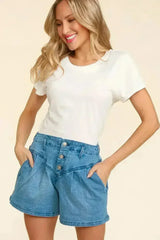 Haptics High Rise Button Fly Washed Denim Shorts - Femstylo