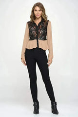 Chic Sheer Lace Peplum Blouse with Faux Leather Accents - Femstylo