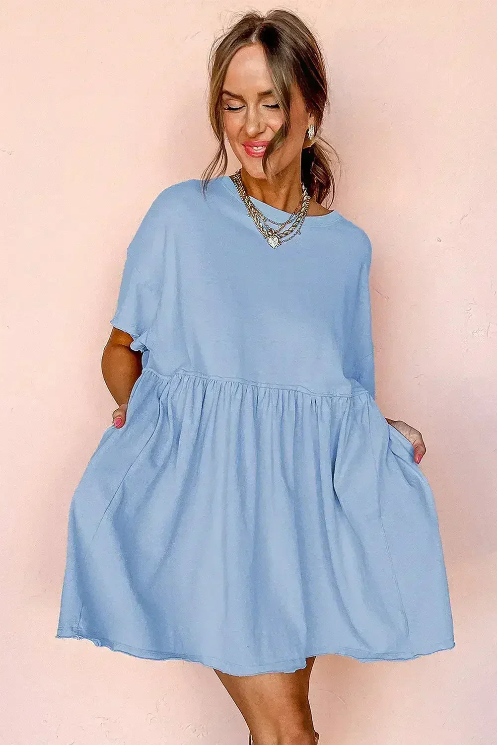 Sky Blue Solid Color Pocket Raw Edge Babydoll Dress - Femstylo