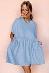 Sky Blue Solid Color Pocket Raw Edge Babydoll Dress - Femstylo