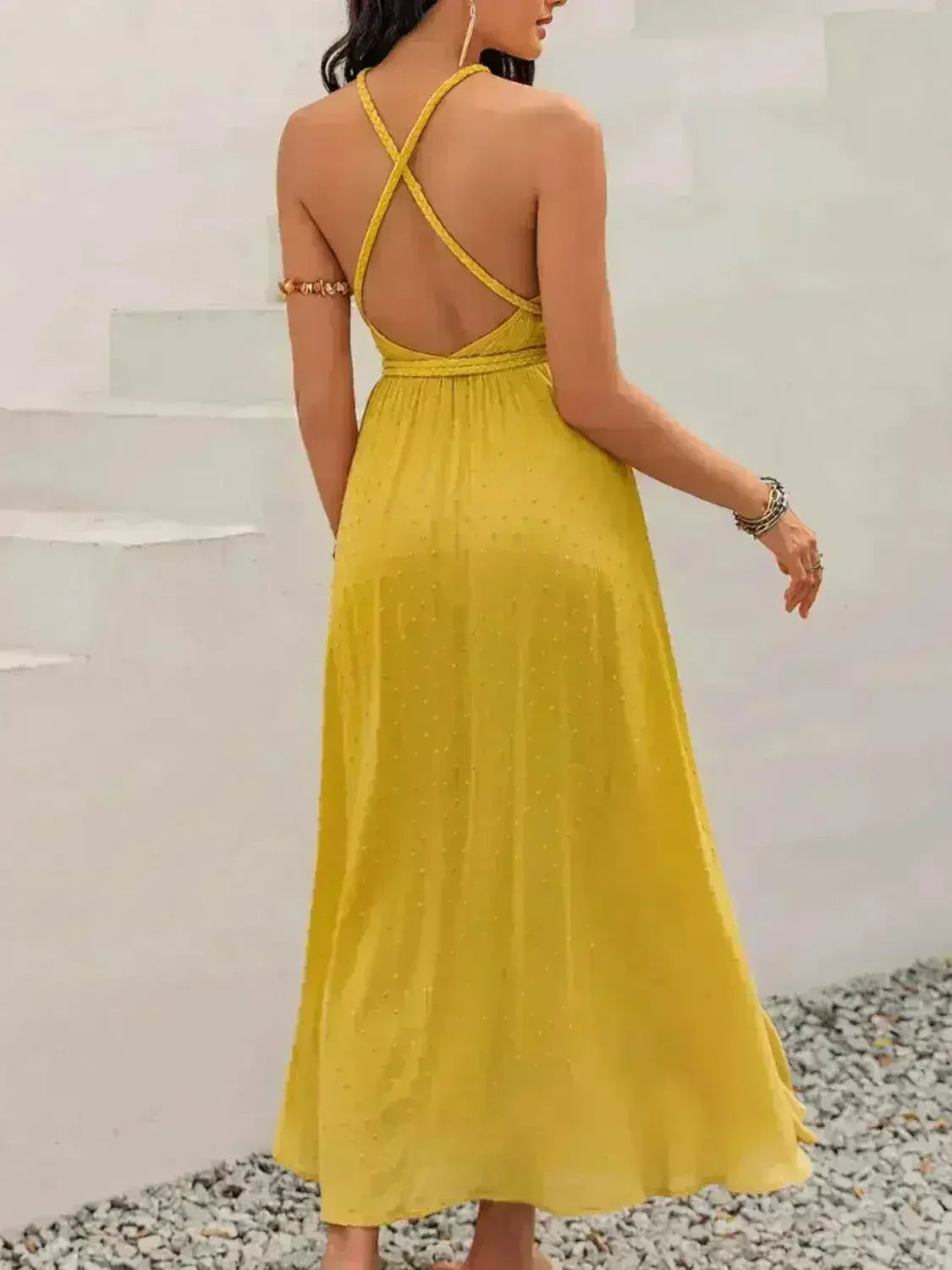 Swiss Dot Backless Dress – Tied Detail & Flowy Silhouette - Femstylo