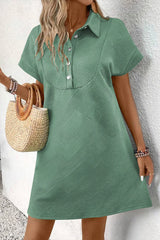 Bright Green Textured V Button Collared Mini Dress