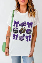 Game Day Rugby Tee: White Cheer Helmet & Bow Graphic T-Shirt