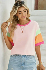 Light Blue Color Block Sleeve Round Neck Oversize Top - Femstylo