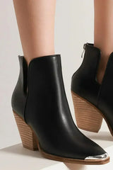 Beast Fashion Pointed Metal-Tip Toe Block Heel Ankle Boots - Femstylo