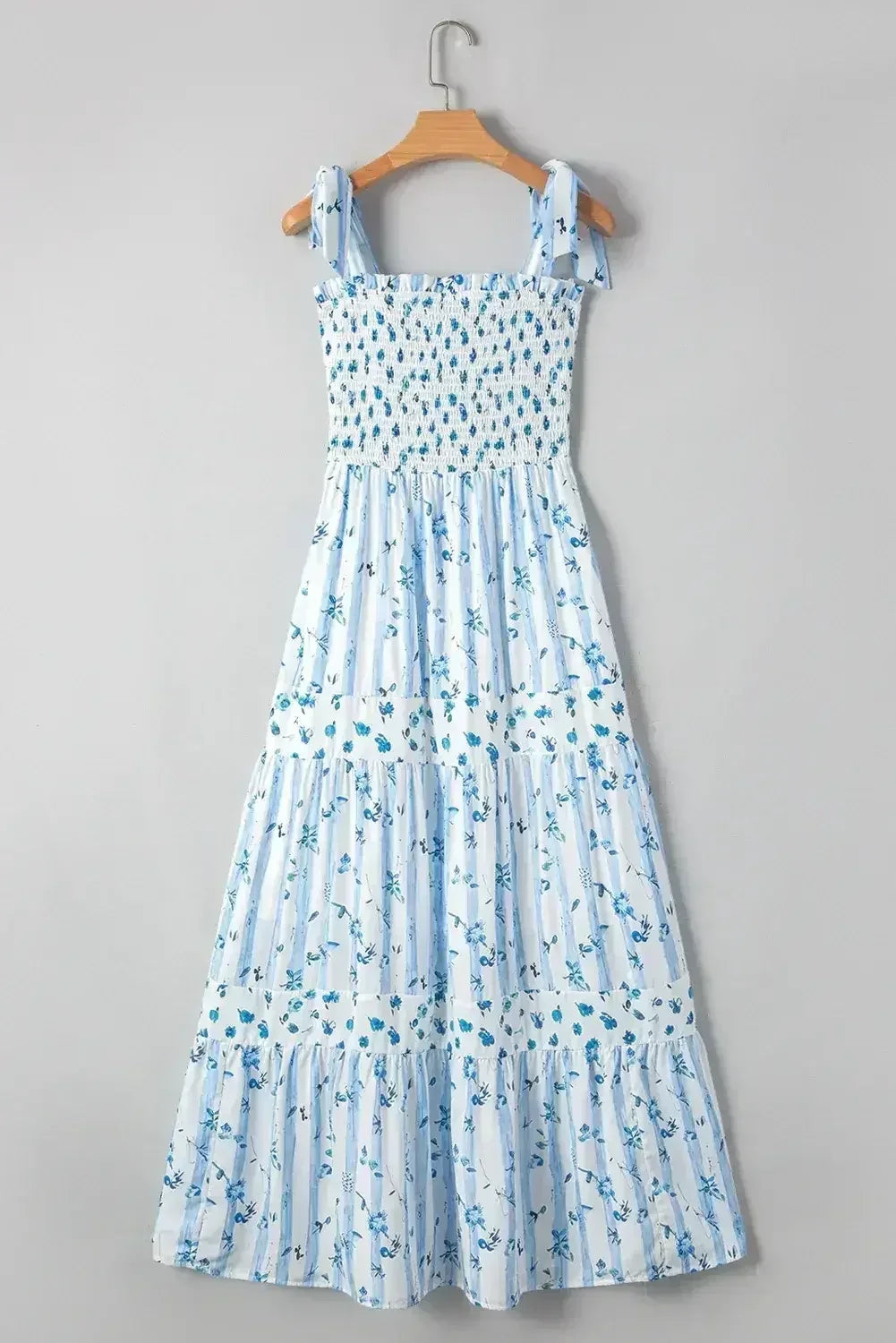 Sky Blue Floral Smocked A-Line Tie Straps Maxi Dress - Femstylo