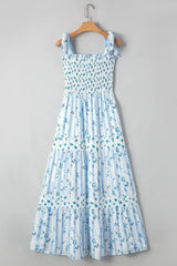 Sky Blue Floral Smocked A-Line Tie Straps Maxi Dress - Femstylo