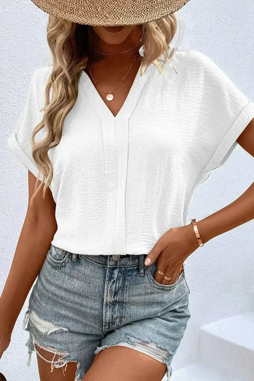 White Notched Neck Batwing Sleeve Blouse | Femstylo - Femstylo